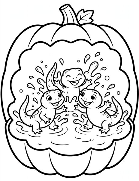 Newt Pals coloring page: Newts splash happily in a pumpkin-shaped puddle.