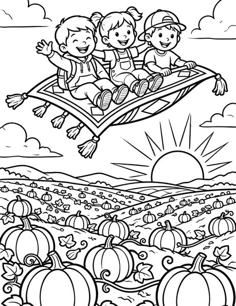 Magic Carpet Ride coloring page: Kids ride a magic carpet over pumpkin fields.