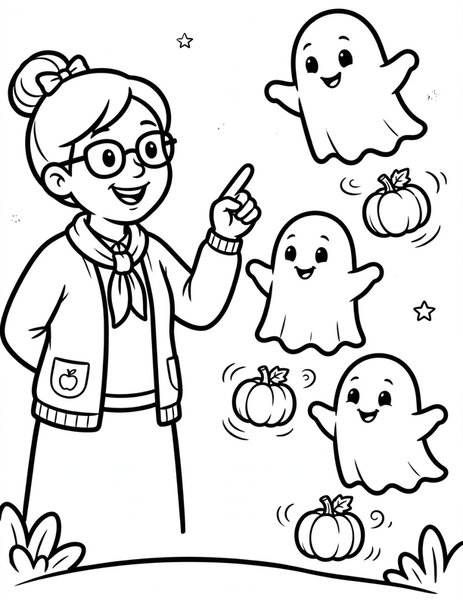 Levitation Lesson coloring page: A teacher shows ghosts how to levitate pumpkins.
