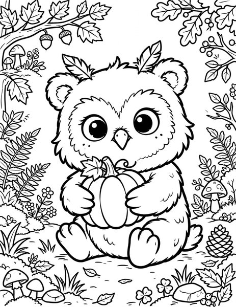 Owlbear Cub coloring page: An owlbear cub cuddles a pumpkin in the forest.