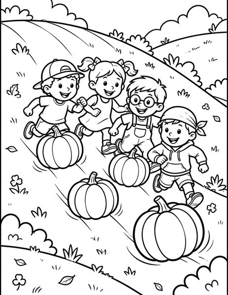 Pumpkin Roll Race coloring page: Kids race pumpkins rolling down a gentle hill.