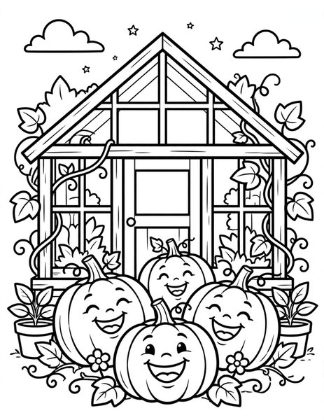 Haunted Greenhouse coloring page: A greenhouse grows pumpkins that giggle at night.