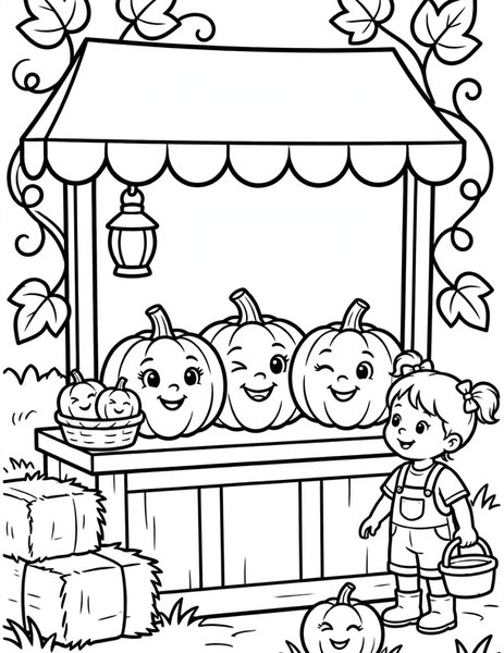 Haunted Farm Stand coloring page: A farm stand sells pumpkins that wink at customers.