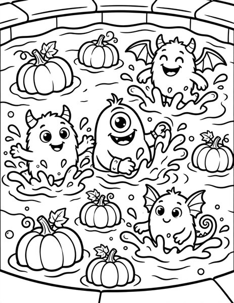 Spooky Swimming Pool coloring page: Monsters splash in a pool full of floating pumpkins.