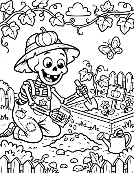 Skeleton Gardener coloring page: Planting pumpkin seeds with bony hands.
