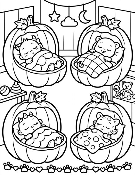Monster Daycare coloring page: Baby monsters nap in pumpkin-shaped cribs at daycare.