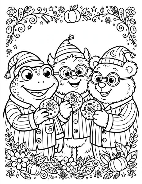 Pumpkin Spice Pajama Party coloring page: Monsters in pajamas share pumpkin spice cookies.