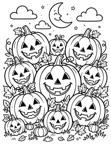 Pumpkin Patch Pals coloring page: A pumpkin patch full of smiling jack-o'-lanterns.