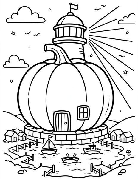 Pumpkin Lighthouse coloring page: A lighthouse made from a giant pumpkin.