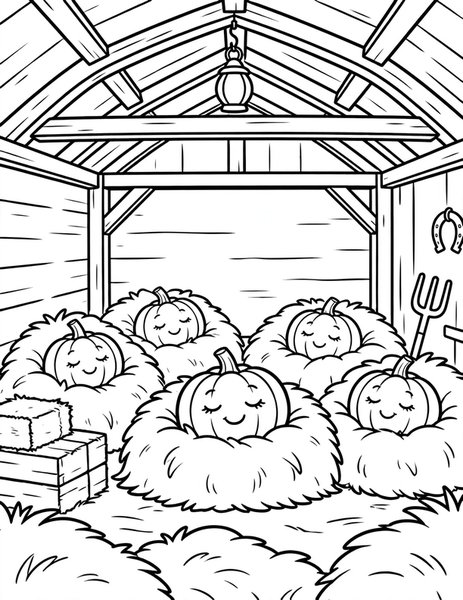 Sleepy Pumpkin Barn coloring page: A cozy barn full of sleepy pumpkins.