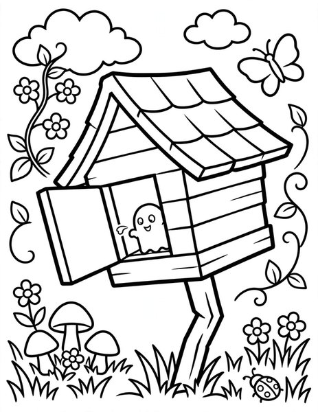 Haunted Birdhouse coloring page: A tiny ghost lives in the birdhouse.