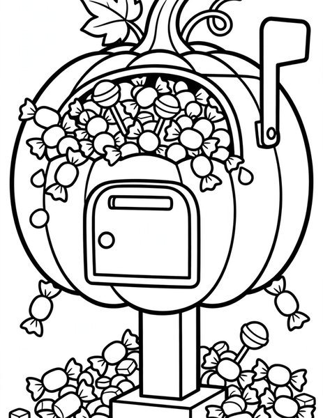 Pumpkin Mailbox coloring page: Candy letters for everyone.