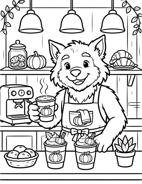 Werewolf Barista coloring page: A smiling werewolf serves pumpkin spice lattes with latte art.