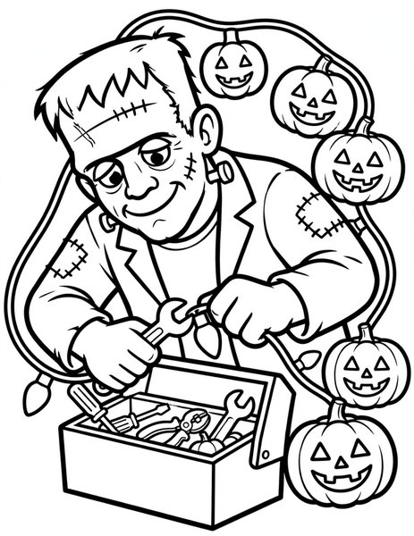 Frankenstein Electrician coloring page: Frankenstein's monster cheerfully fixes a string of pumpkin lights.
