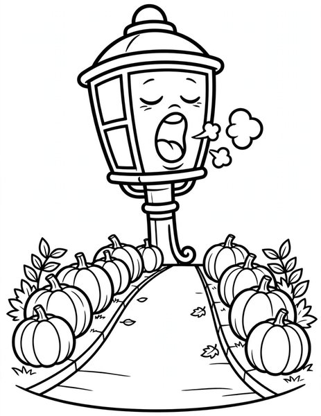 Yawning Streetlamp coloring page: A sleepy streetlamp yawns over a quiet pumpkin-lined street.