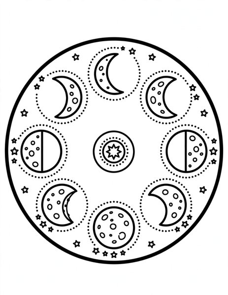 Moon Phase Mandala coloring page: Moons wax and wane in a circle.