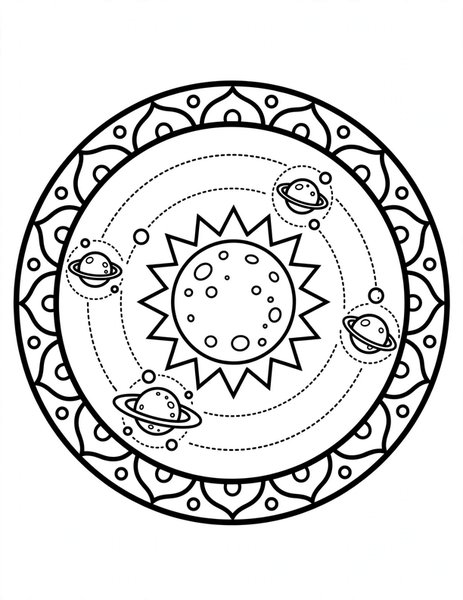 Planet Orbit Mandala coloring page: Planets ring a smiling sun.
