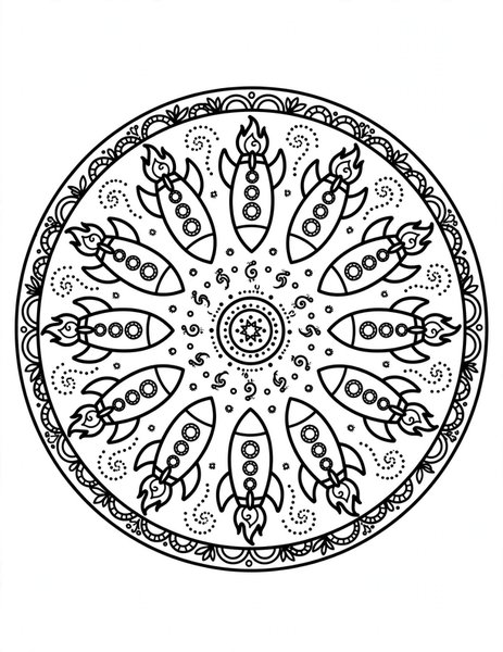 Rocket Launch Mandala coloring page: Rockets blast off in every direction.