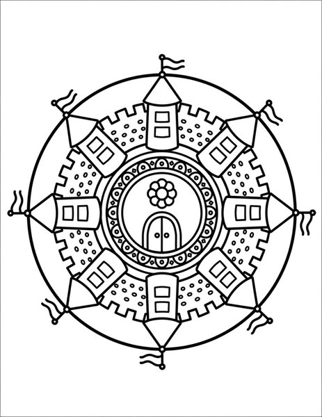 Castle Tower Mandala coloring page: Turrets and flags ring a kingdom.
