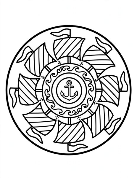 Pirate Ship Mandala coloring page: Sails billow in a swashbuckling ring.