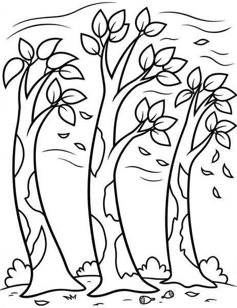Eucalyptus Grove coloring page: Tall eucalyptus trees sway gently in the warm breeze.
