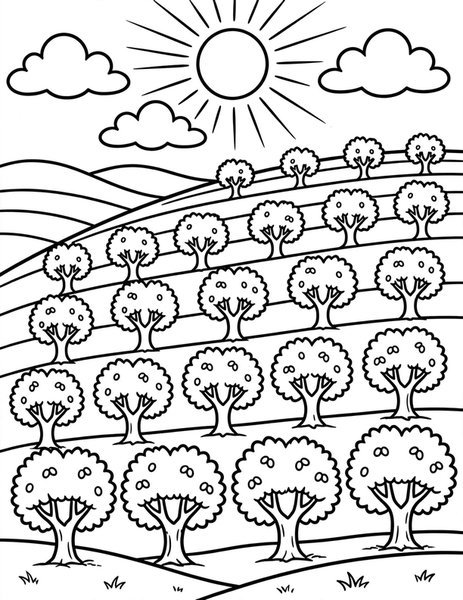 Olive Grove coloring page: Silvery olive trees march in neat rows across a sunny hill.
