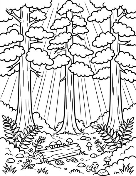 Cedar Forest coloring page: Towering cedars filter sunlight onto a soft needle floor.