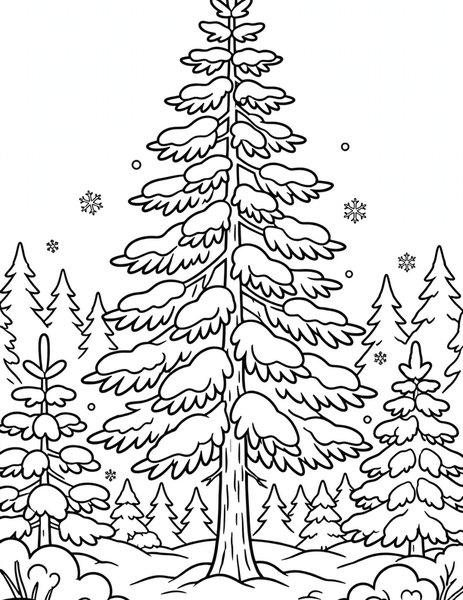Snowy Spruce coloring page: A spruce tree wears a heavy coat of fresh snow.