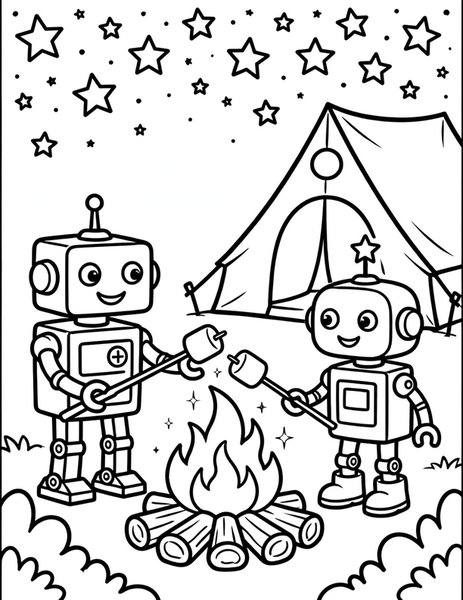 Robot Camping coloring page: Robots roast marshmallows over a campfire.