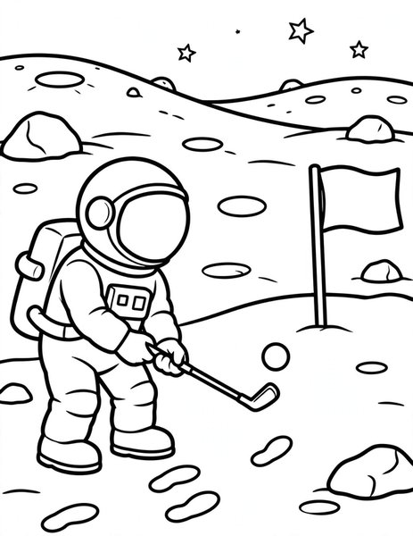 Moon Golf coloring page: An astronaut putts a golf ball across the moon.