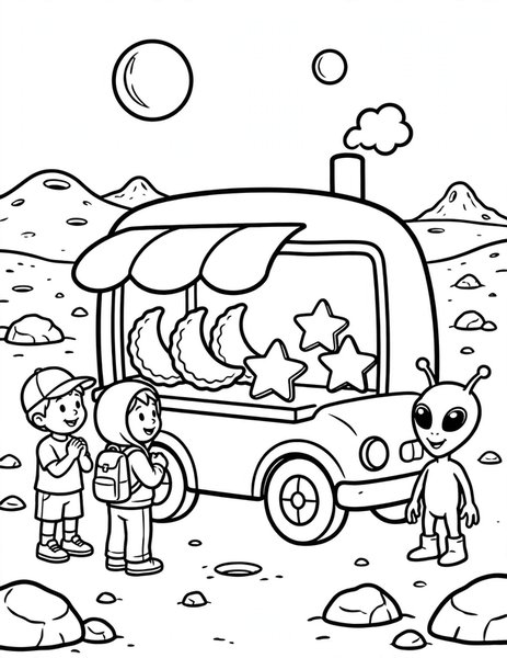 Space Bakery Truck coloring page: A food truck sells moon pies on Mars.