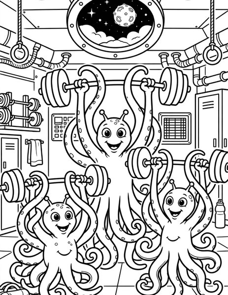 Alien Gym coloring page: Aliens lift weights with their tentacles.
