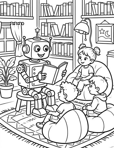 Robot Library coloring page: A robot reads stories to kids in a library.