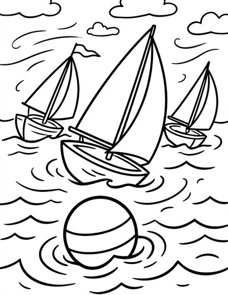 Sailboat Race coloring page: Sailboats heel in the wind as they round the buoy.