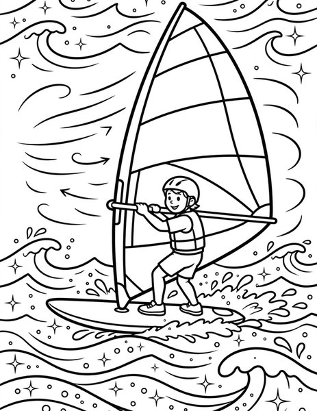 Windsurf Glide coloring page: A windsurfer glides across sparkling waves, sail full of wind.