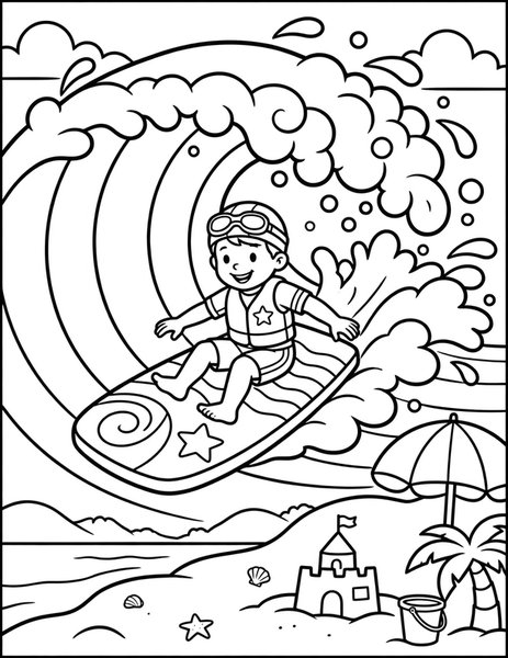 Boogie Board coloring page: A kid rides a foamy wave to shore on a boogie board.