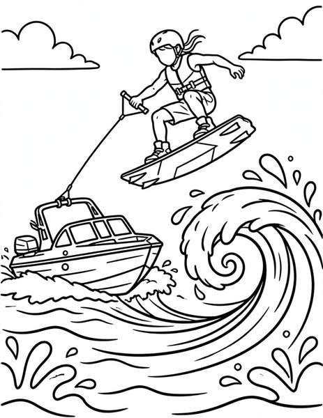 Wakeboard Jump coloring page: A wakeboarder catches big air off the boat's wake.