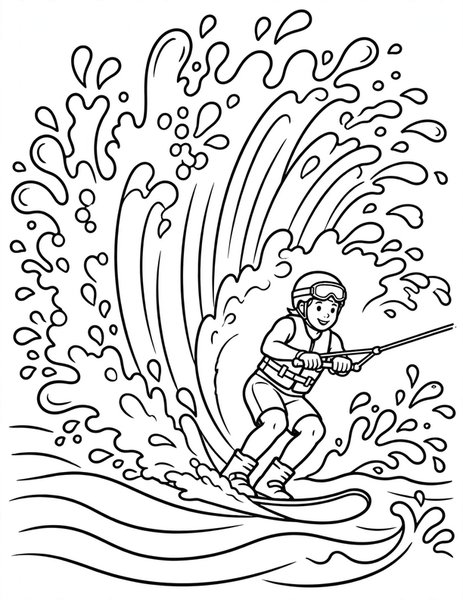 Water Ski Spray coloring page: A water skier carves a turn, sending up a wall of spray.