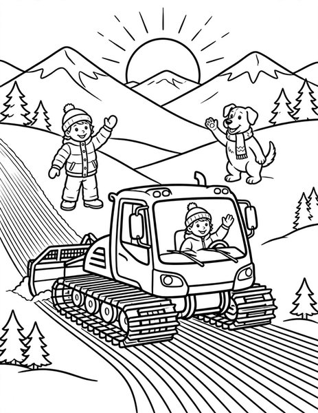 Snowcat coloring page: A snowcat grooms the ski slopes.