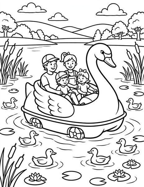 Swan Boat coloring page: A swan pedal boat floats on the lake.