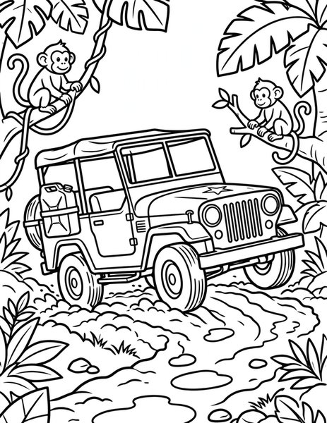 Jungle Jeep coloring page: A jeep bounces along a jungle trail.
