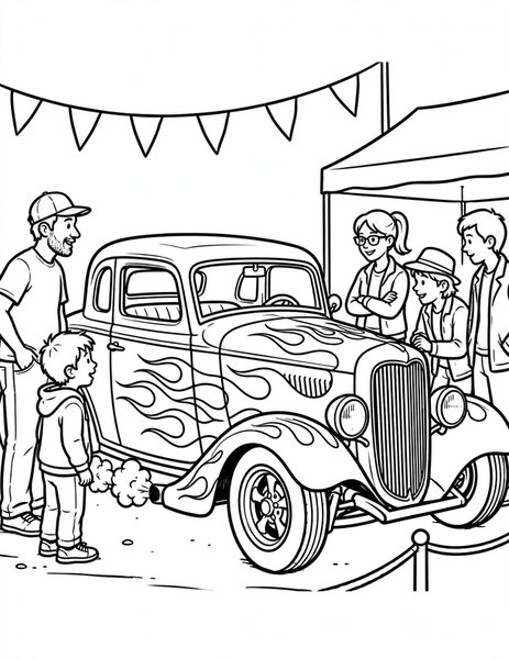 Hot Rod coloring page: A flame-painted hot rod shows off.