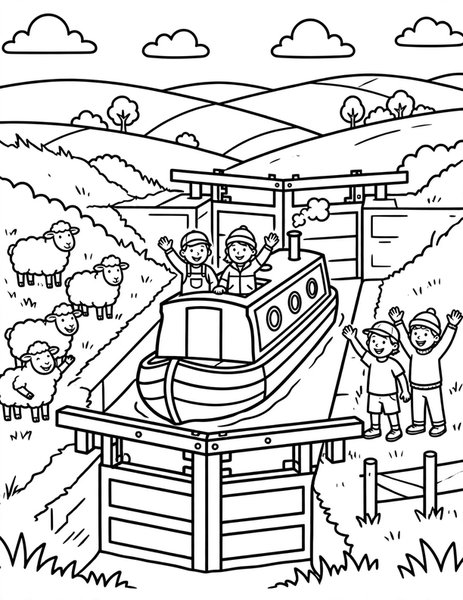 Narrowboat coloring page: A narrowboat putters through canal locks.