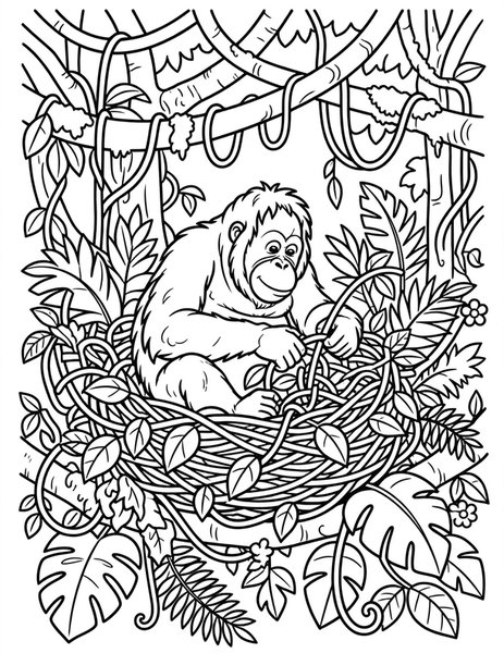 Orangutan Nest coloring page: An orangutan builds a cozy nest of leaves high in the canopy.