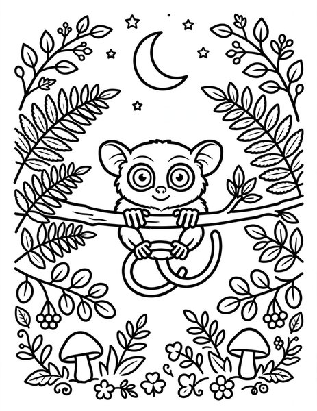 Tarsier Eyes coloring page: A tiny tarsier with huge eyes clings to a thin branch at night.