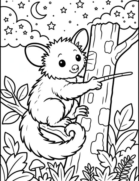 Aye-Aye Tap coloring page: An aye-aye taps on tree bark, listening for grubs with its big ears.