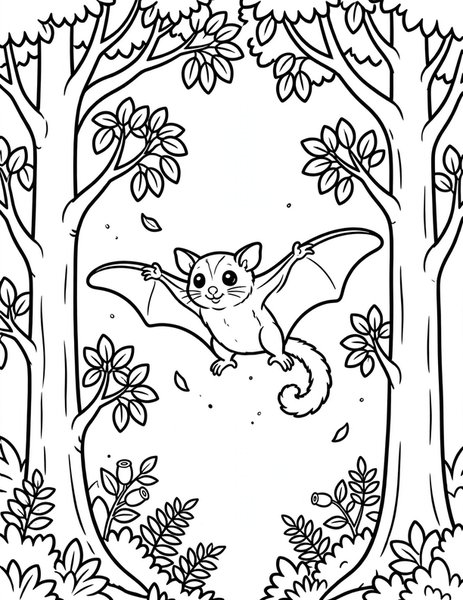 Sugar Glide coloring page: A sugar glider soars between trees on its stretchy wing flaps.