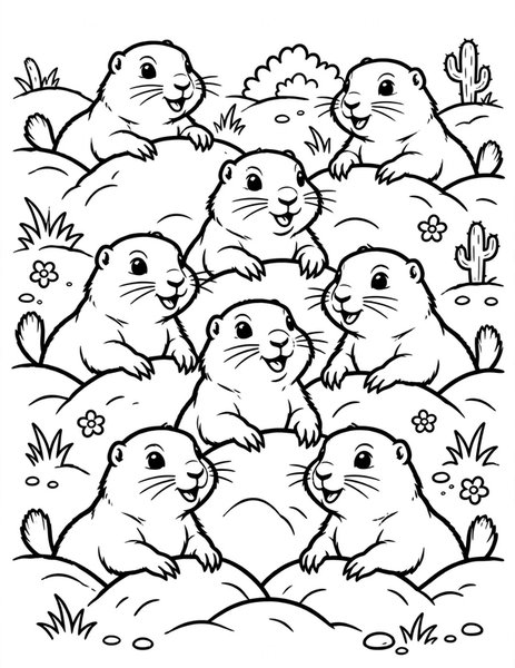 Prairie Dog Town coloring page: Prairie dogs pop up from their burrows and chatter in a busy town.