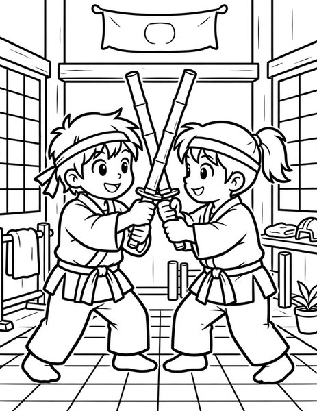 Bamboo Sword Spar coloring page: Two friends spar with bamboo swords.