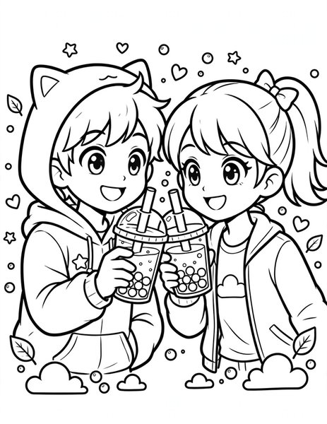 Bubble Tea Cheers coloring page: Two friends clink bubble tea cups.
